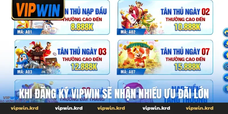 Khi đăng ký Vipwin sẽ nhận nhiều ưu đãi lớn