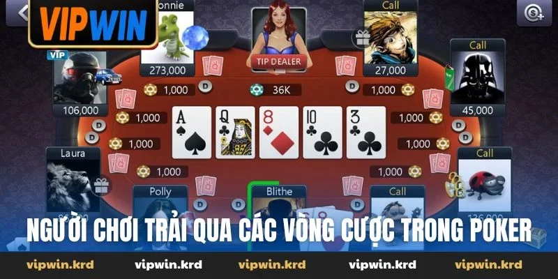 Người chơi trải qua các vòng cược trong game Poker